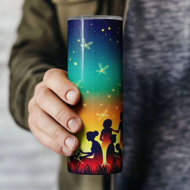 Peaceful design for DIY tumblers featuring fireflies and families at dusk.