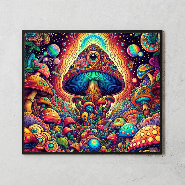 Mind-bending alien mushroom sublimation art with vibrant cosmic elements.