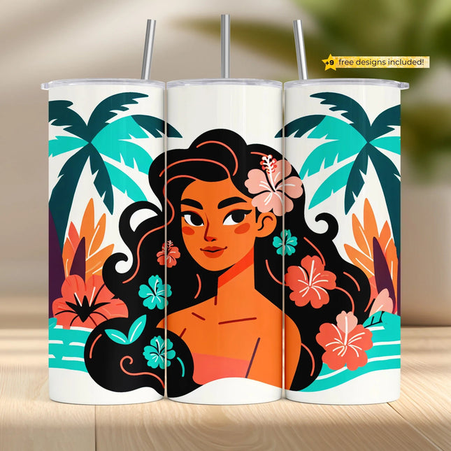 Buy tropical girl tumbler png for sublimation – floral summer wrap design with island vibes