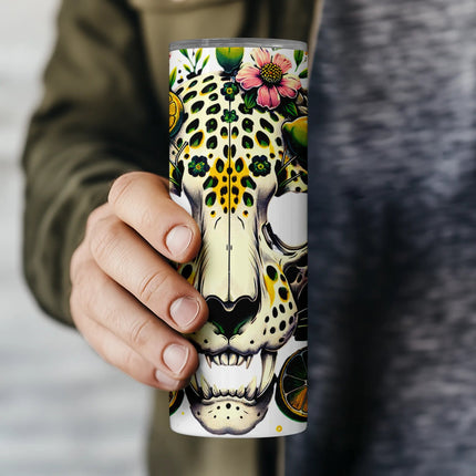 Artistic sublimation wrap with tattoo-style panther skull and boho botanical elements