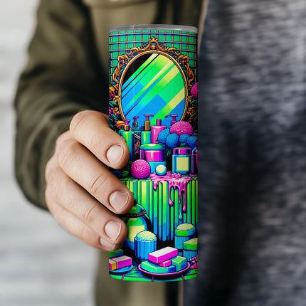 Self-care tumbler wrap PNG with exotic flowers and neon beauty products perfect for sublimation crafts.