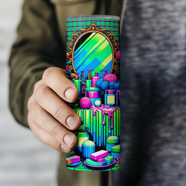 Self-care tumbler wrap PNG with exotic flowers and neon beauty products perfect for sublimation crafts.