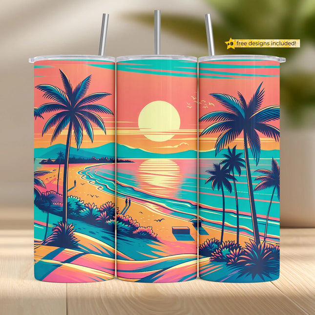 Buy tropical sunset tumbler png – vibrant beach digital wrap for drinkware and sublimation download
