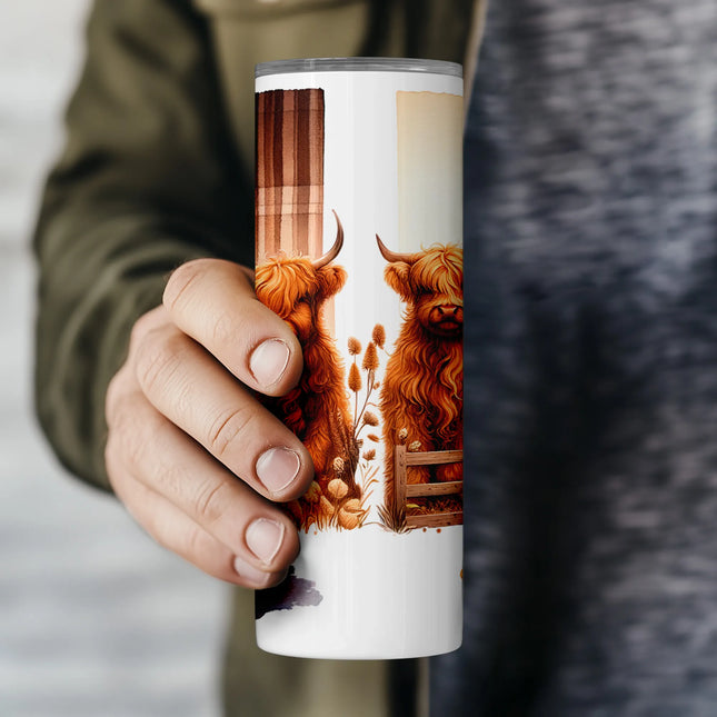 Printable PNG tumbler wrap with a detailed Highland cow and floral border, perfect for 20oz tumblers.