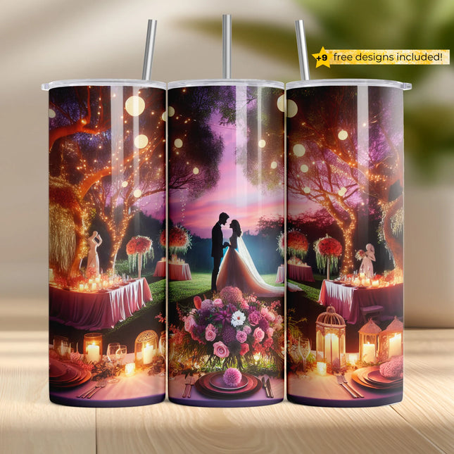 Sublimation wrap showing bride and groom in a sunset-lit garden under fairy lights and floral arrangements.