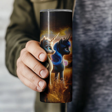 20oz tumbler sublimation design with pastel-haired unicorns under a golden sky – ideal for DIY unicorn gifts.