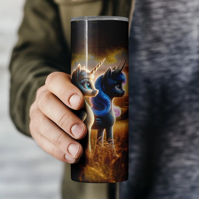 20oz tumbler sublimation design with pastel-haired unicorns under a golden sky – ideal for DIY unicorn gifts.