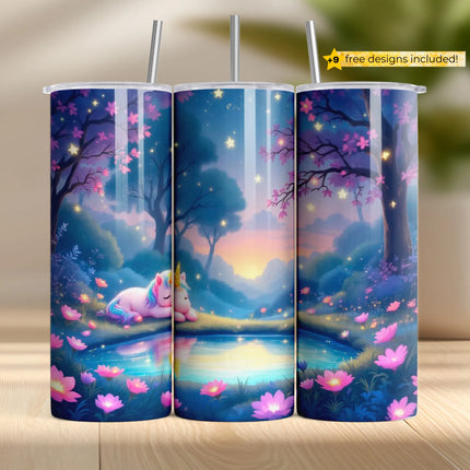 Peaceful unicorn resting by a glowing pond under stars – perfect for fantasy sublimation tumblers.