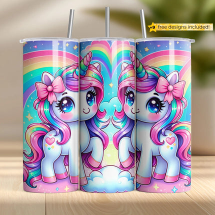 Buy unicorn tumbler png for sublimation – twin rainbow unicorns with hearts and pastel glow