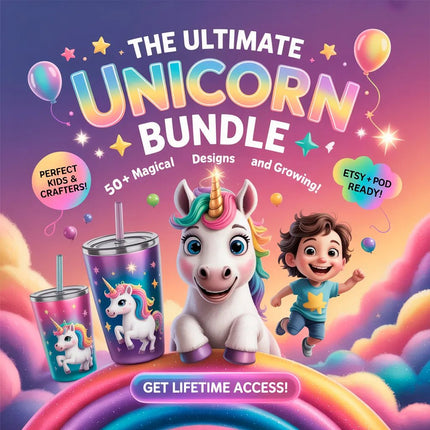 Ultimate Unicorn digital bundle with 50+ magical rainbow unicorn designs, tumblers & clipart for kids & crafters. Features cute unicorn, pastel stars, balloons, smiling child & rainbow clouds. Perfect for sublimation, POD, stickers, printables & DIY crafts. Make money, sell digital product, Print on demand, Free, Etsy ready. Trending on Pinterest for fast, cheap, cute & profitable unicorn graphics. Great for SVGs, party decor, Etsy seller bundles, affordable & quick to sell.