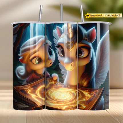 Magical unicorn with sparkling book and golden swirls for fantasy sublimation tumbler projects.