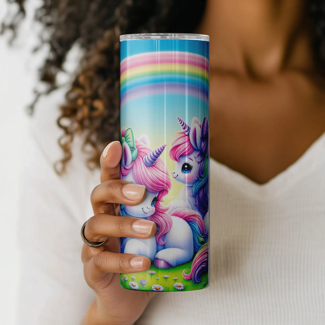 Colorful tumbler PNG with rainbow unicorns and bows – digital download for crafters.