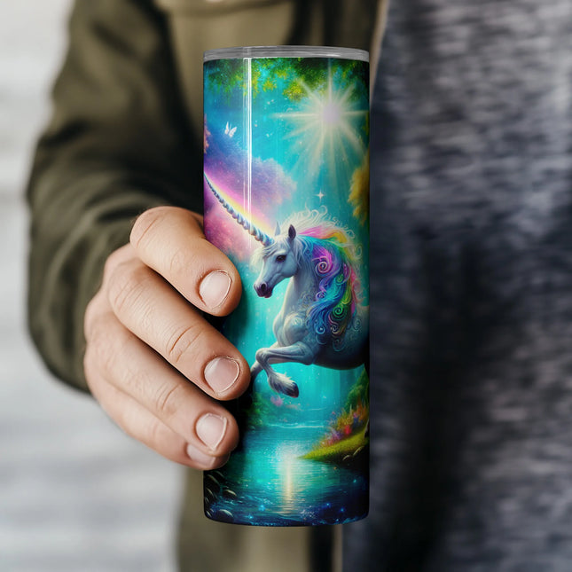 Stunning unicorn design for sublimation featuring vivid rainbow light and lush fantasy woods.