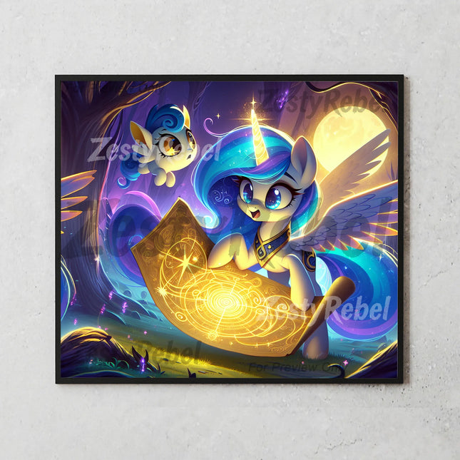 Blue-maned unicorn revealing magical constellation scroll for dreamy DIY tumbler art.