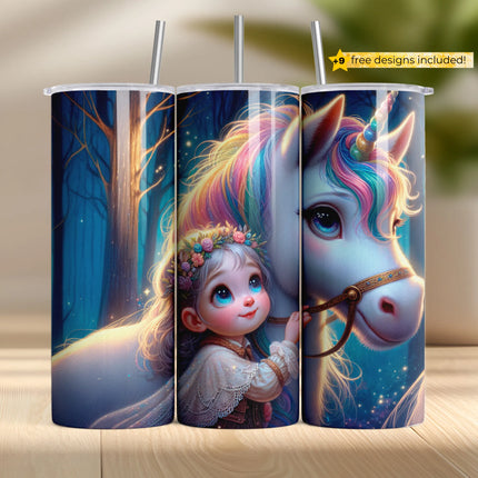 Sublimation wrap PNG of young girl with rainbow unicorn in glowing forest scene – magical and heartwarming.