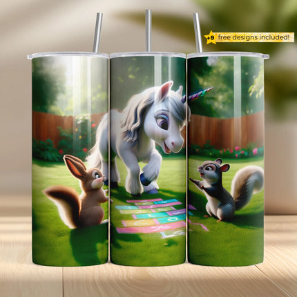 Adorable sublimation wrap featuring unicorn and animals playing hopscotch on a sunny backyard lawn.