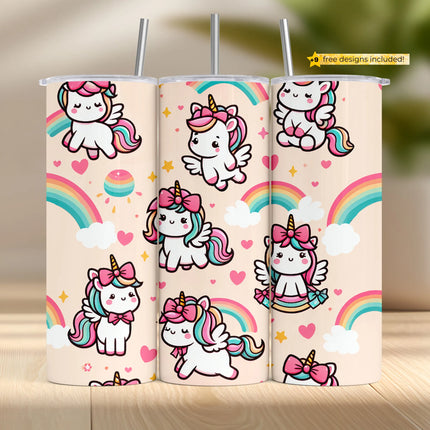 Buy unicorn kawaii tumbler png for sublimation – pastel rainbow wrap with cute winged unicorns