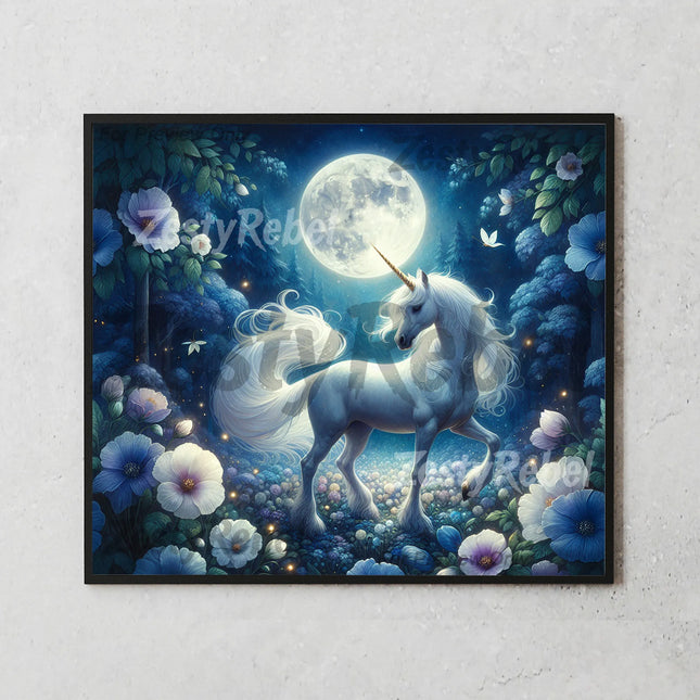 Mystical white unicorn in a moonlit floral forest, perfect for DIY tumbler and gift projects.