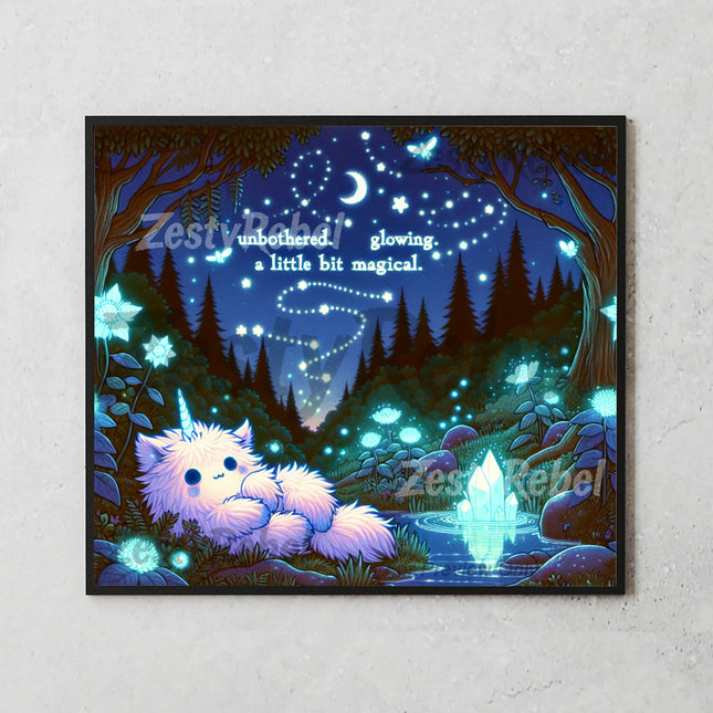 Tumbler design featuring glowing flowers, blue crystals, and magical unicorn under moonlight sky.