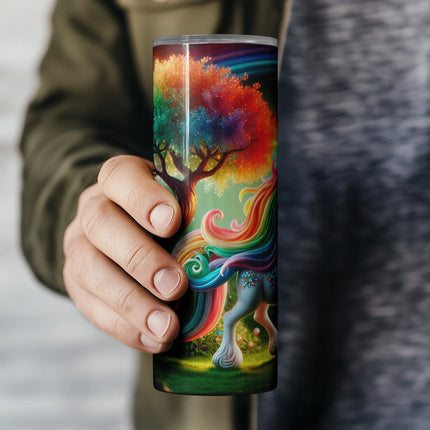 Enchanted unicorn with glitter accents and vibrant rainbow elements for magical tumbler crafts.