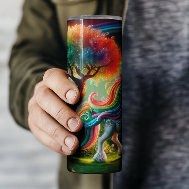 Enchanted unicorn with glitter accents and vibrant rainbow elements for magical tumbler crafts.