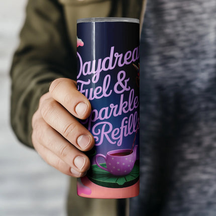 20oz tumbler wrap PNG featuring whimsical unicorn serving tea among colorful clouds.