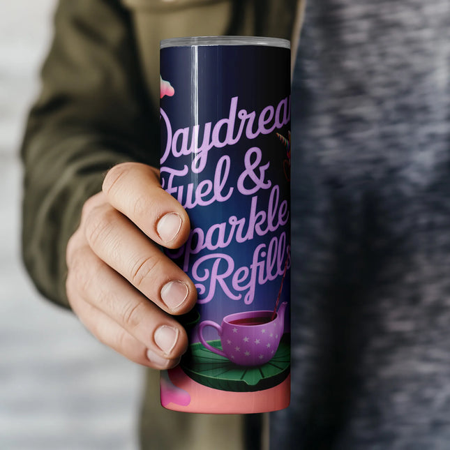 20oz tumbler wrap PNG featuring whimsical unicorn serving tea among colorful clouds.