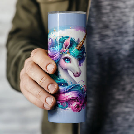 Elegant celestial unicorn PNG wrap with floral tiara and glitter clouds, perfect for 20oz tumblers.