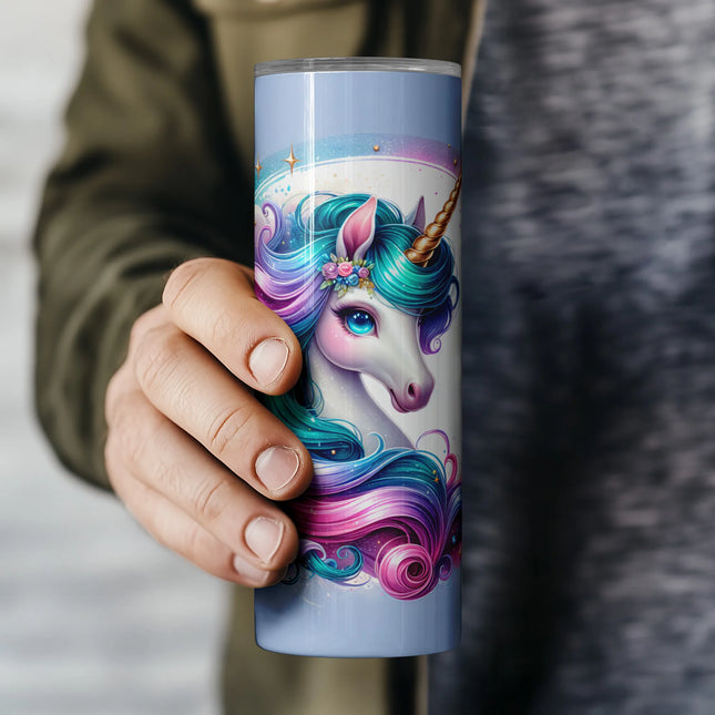 Elegant celestial unicorn PNG wrap with floral tiara and glitter clouds, perfect for 20oz tumblers.