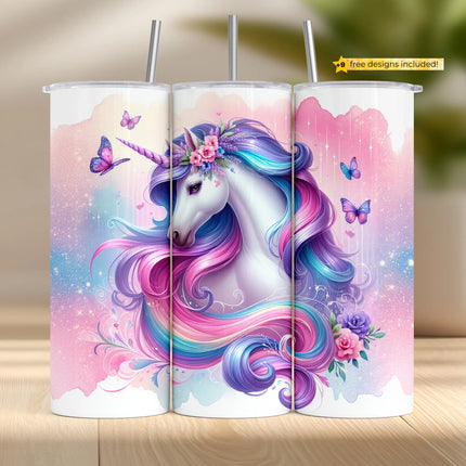 Sublimation PNG tumbler wrap with pastel unicorn, flowing rainbow hair, and sparkles for 20oz tumblers.
