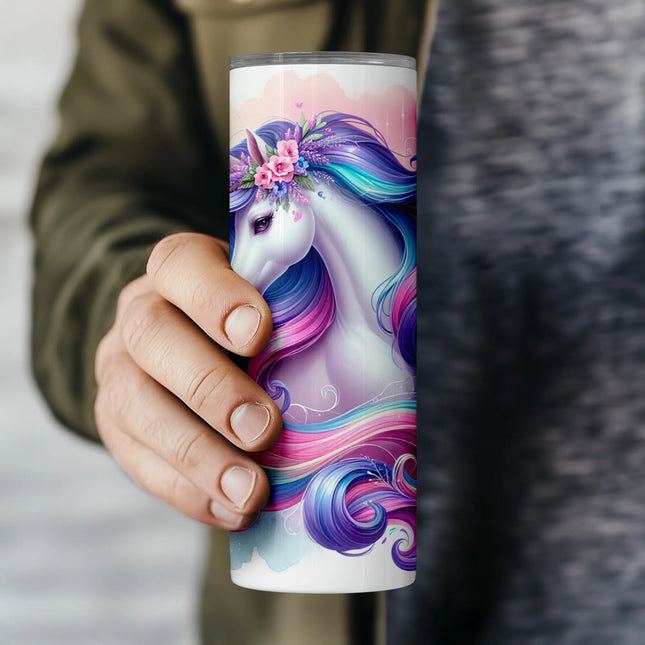 Cute unicorn sublimation wrap with rainbow mane and pink-purple background for 20oz tumblers.