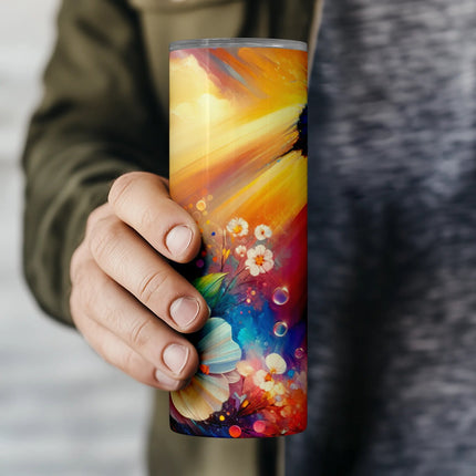Inspirational wrap design for 20oz tumblers with glowing colors, painted petals, and a soaring butterfly.
