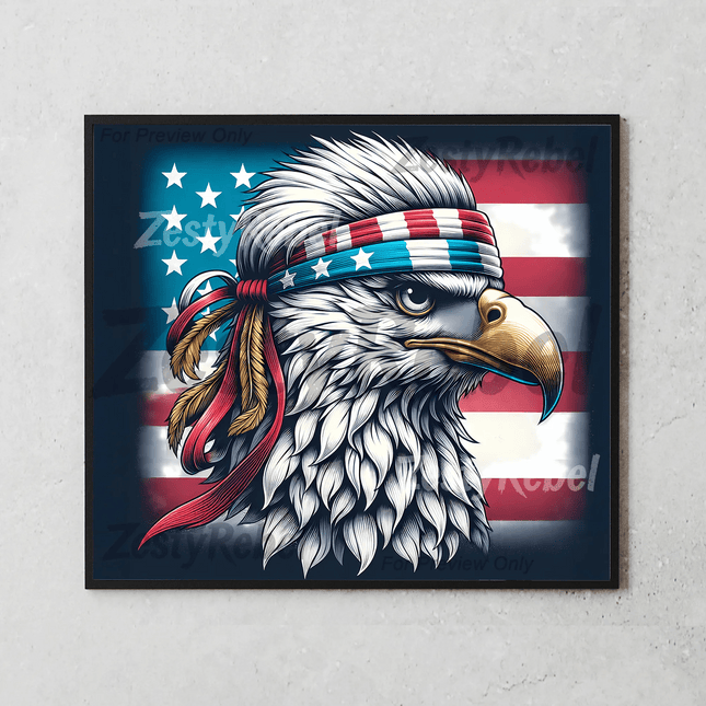 Digital tumbler wrap featuring fierce eagle with red, white, and blue accessories.