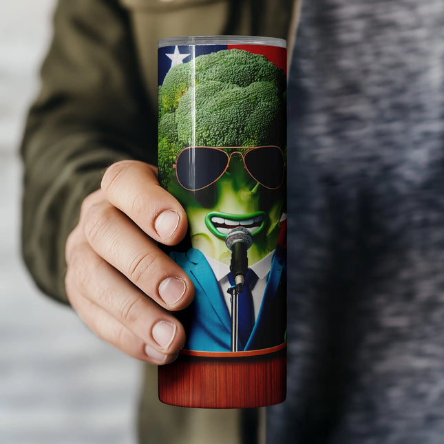 Patriotic sublimation PNG with bold stars and stripes, cartoon broccoli figure in sunglasses.