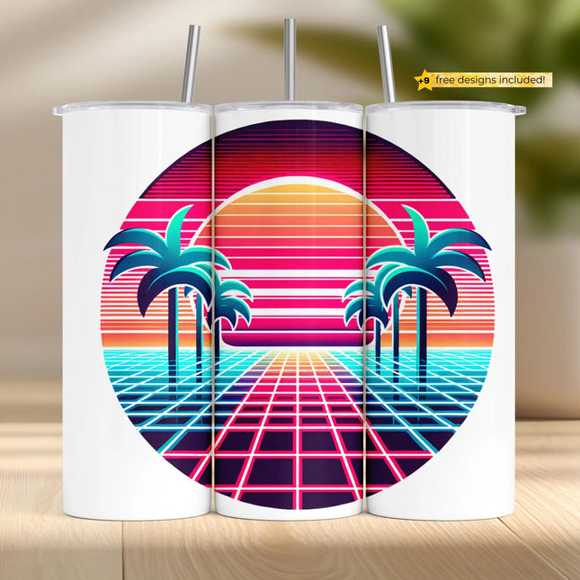 Buy vaporwave retro sunset tumbler png for sublimation – neon palm wrap digital download