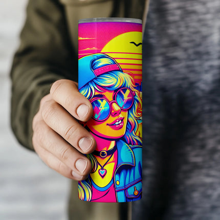 Sublimation PNG with synthwave cityscape, neon colors, and stylish girl for DIY or POD crafting.