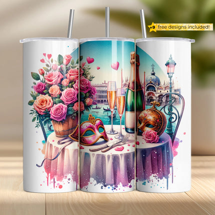 Romantic tumbler wrap PNG featuring champagne, Venetian masks, roses, and canal-side love scene for sublimation.