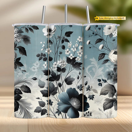 Vintage blue and black floral seamless tumbler wrap design for 20oz sublimation