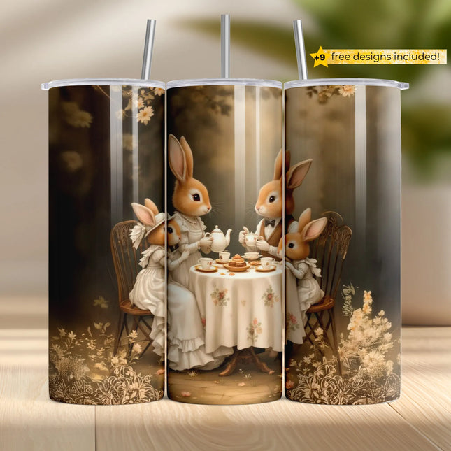 Storybook-style bunny tea party PNG wrap for sublimation tumblers.