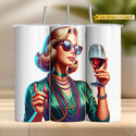 Retro woman holding wine glass in glam outfit with beads – sass and attitude sublimation PNG.