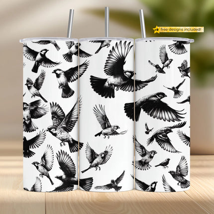 Black and white PNG wrap featuring hand-drawn birds in flight, perfect for nature-inspired sublimation crafts.