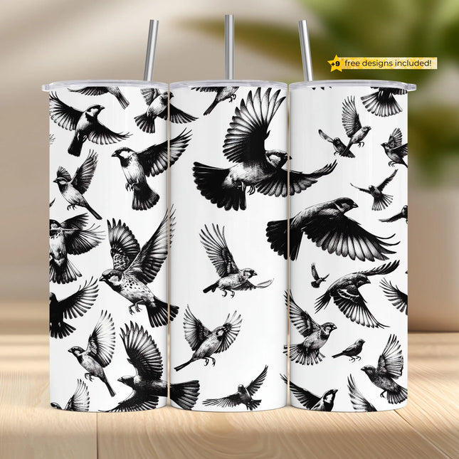 Black and white PNG wrap featuring hand-drawn birds in flight, perfect for nature-inspired sublimation crafts.