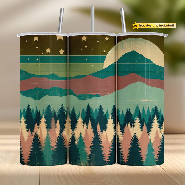 Buy vintage forest tumbler png for sublimation – retro pine tree wrap with stars and mountains