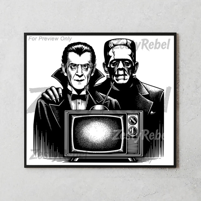 Retro horror icons Dracula and Frankenstein on a 20oz sublimation tumbler wrap PNG.