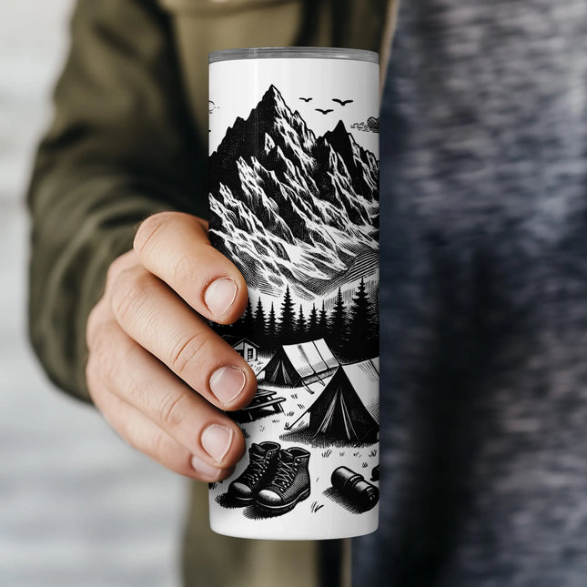Printable PNG design of mountain campsite with gear, ideal for hiker gifts, sublimation projects and POD.