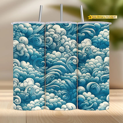 Vintage tumbler sublimation wrap PNG with stylized ocean swirl pattern in teal and cream – ideal for digital download and DIY crafts.