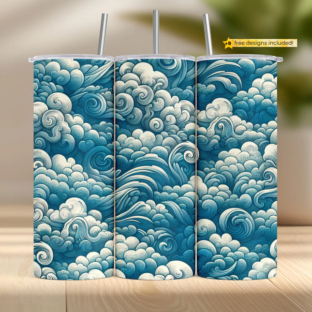 Vintage tumbler sublimation wrap PNG with stylized ocean swirl pattern in teal and cream – ideal for digital download and DIY crafts.