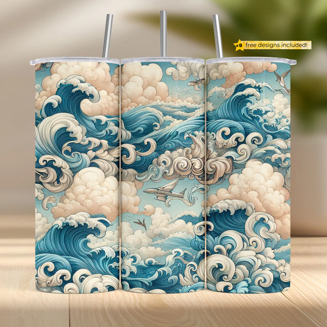 Vintage ocean tumbler sublimation wrap PNG featuring stylized waves, clouds, and airplane – perfect for DIY crafts and print on demand tumblers.