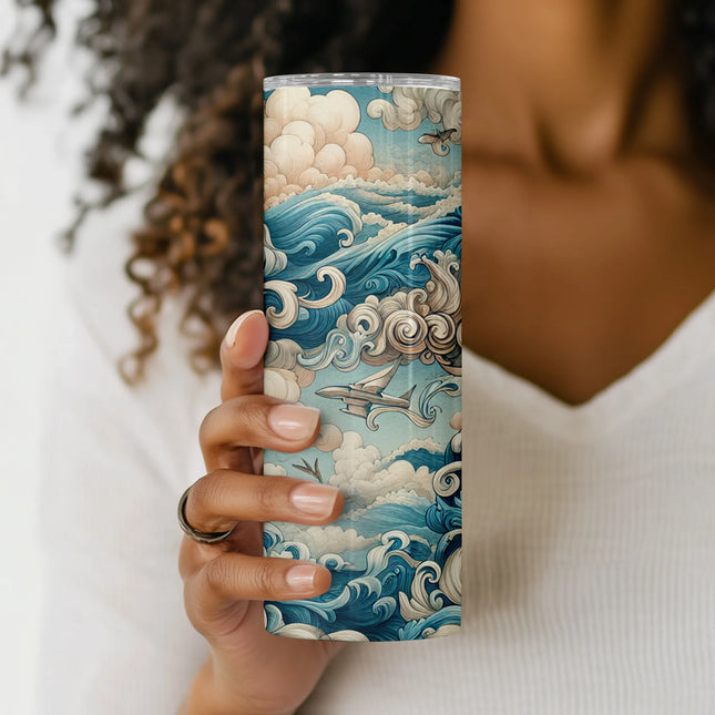 Close-up view of digital wrap design showing swirling vintage waves and clouds – ideal for sublimation tumbler DIY projects