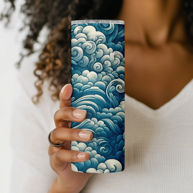 Close-up view of swirling wave and cloud details in a retro tumbler wrap PNG design for DIY sublimation.